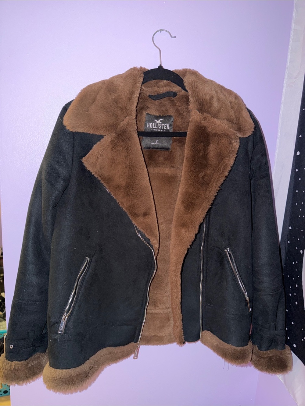Hollister Black Faux Suede Bomber Jacket with Brown Faux Fur Lining